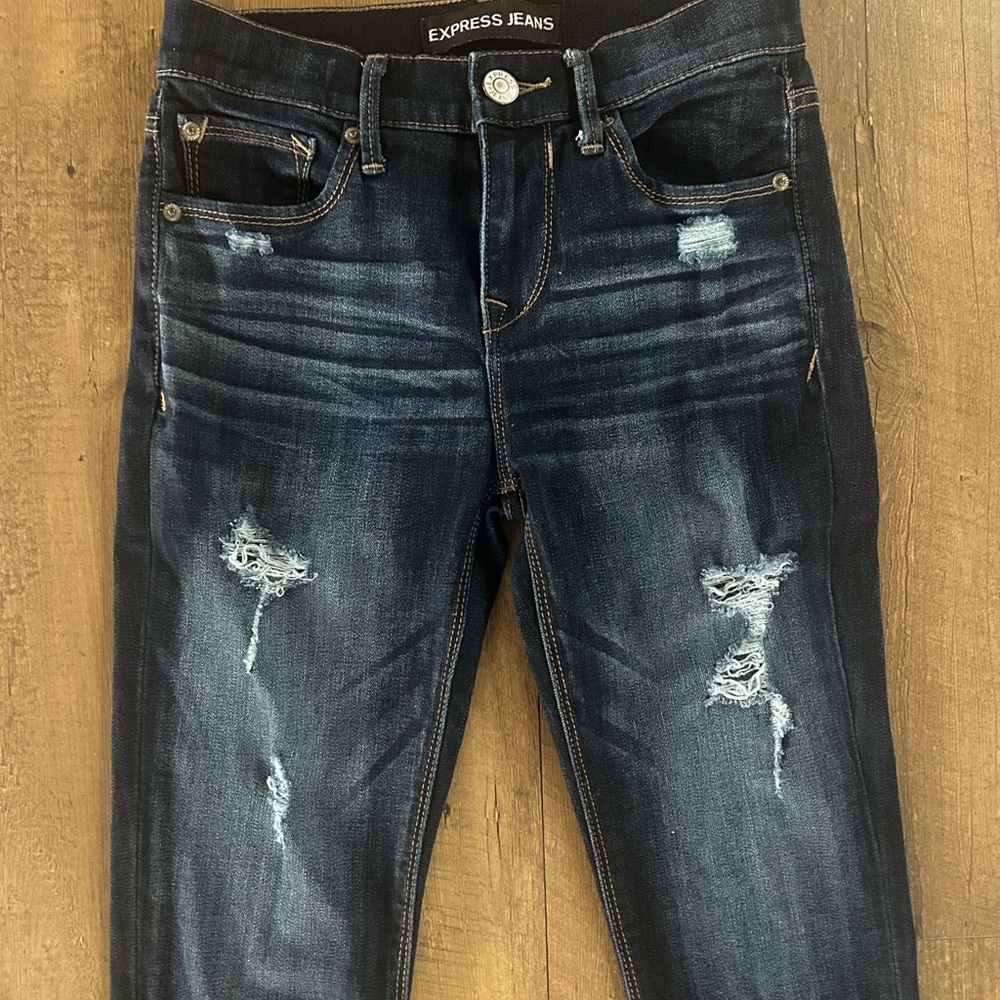 Express Distressed Skinny Jeans Dark Wash Mid Rise Stretch Denim Size 0R - Picture 3 of 10